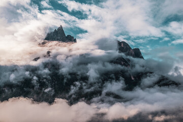 Morning mist over Seiser Alm in the Dolomites, Italy.