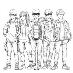 A cosplay event with fans in various costumes, anime coloring page for kids, simple outline illustration. Coloring book, simple lines.