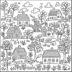 A cozy village with cute cottages, coloring page for kids, simple outline illustration. Coloring book, simple lines.