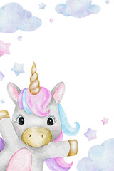 Unicorn, clouds, stars. Cute baby fairy tale horse. Isolated hand drawn watercolor frame. Layout for kid's goods, invitations, postcards, poster, baby shower and children's room