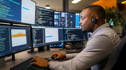 Tech professional analyzing data modern office digital workspace collaborative environment close-up perspective productivity enhancement