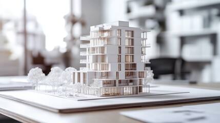 A minimalist workspace with a focus on a clean white model of a luxury apartment complex and detailed sketches nearby 