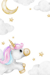 Unicorn, clouds, moon, stars. Blank of Cute baby fairy tale horse. Isolated hand drawn watercolor frame. Template for kid's goods, invitations cards, stationery poster, baby shower and children's room