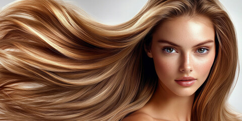Obraz premium Beautiful woman showcasing long flowing hair against a neutral background