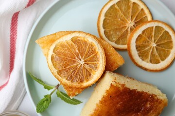 Tasty semolina cake served on table, flat lay