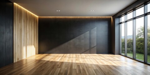Fototapeta premium Empty room with a large window overlooking a lush green forest with a wooden wall and a dark grey wall in the background, with a light reflecting off the wooden floor.