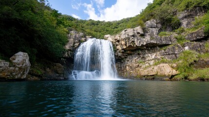 Fototapeta premium serene waterfall cascading into a tranquil pool surrounded by lush greenery