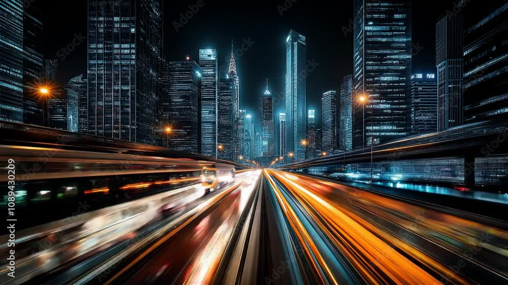 Poster ai-powered cities.dynamic futuristic cityscape with blue and orange light trails representing speed 