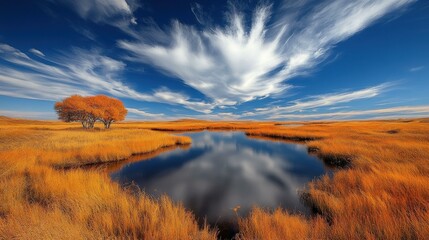 Breathtaking Autumn Landscape with Reflective Water and Vibrant Cloud Patterns