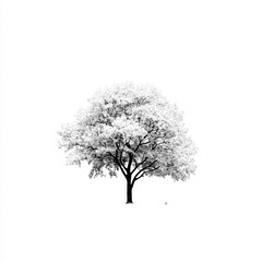 Cherry Blossom Tree Silhouette, Black And White Illustration Isolated On White Background