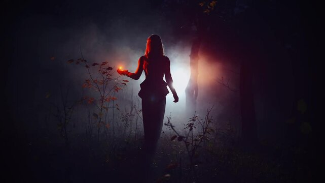 fantasy woman walking in dark dusk night misty forest full fog, Mystical sexy girl back rear view, hand holding glowing ball red orange light magic fire flower. Gothic Lady black long dress art vedeo