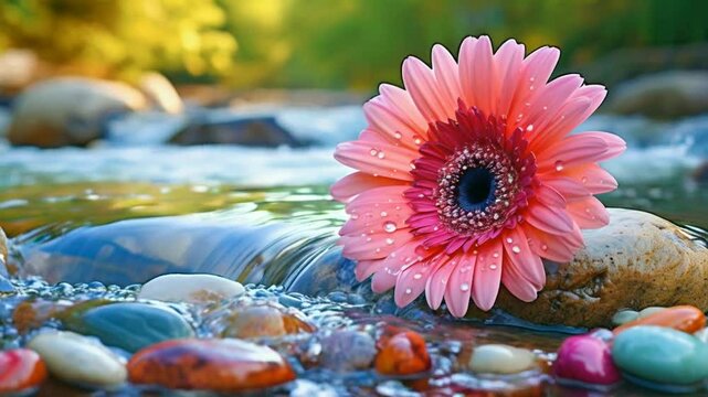 Pink gerbera daisy with water droplets on smooth stones by a flowing stream.