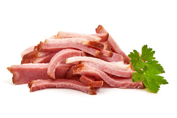 Smoked loin slices, isolated on white background.