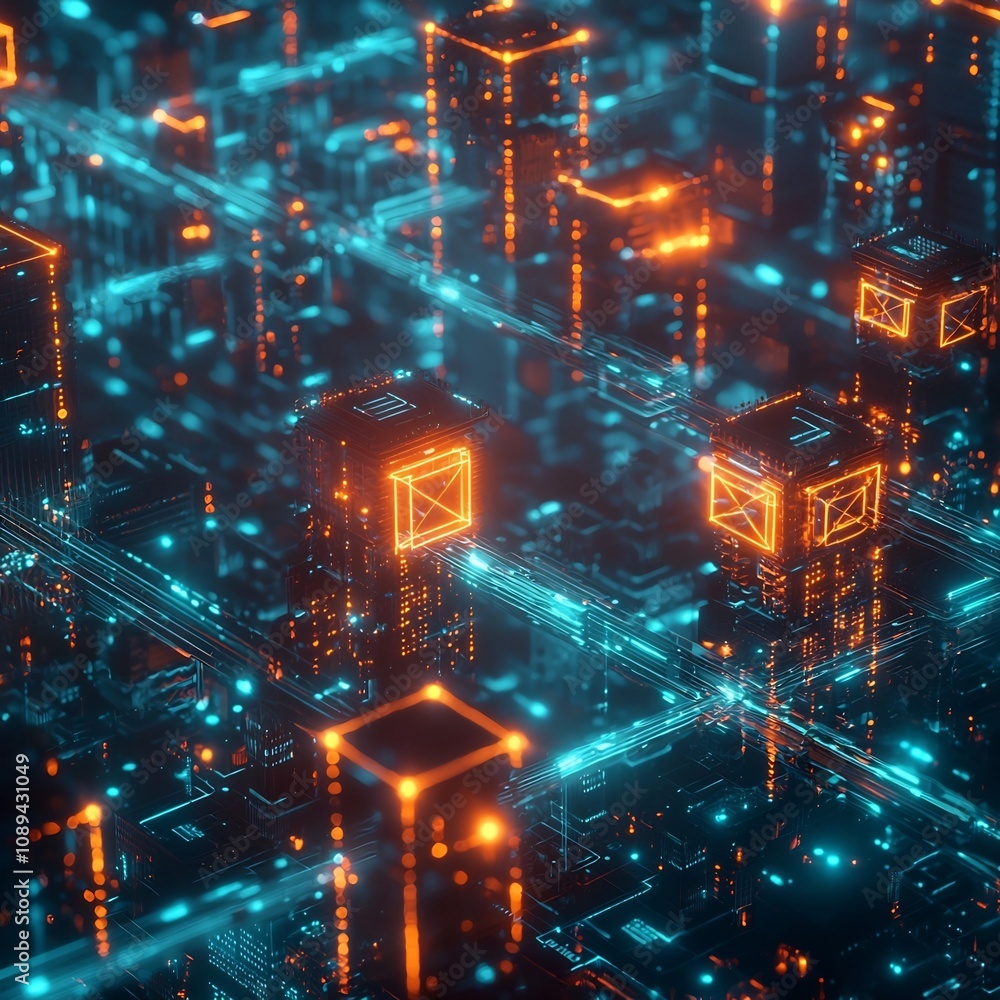 Poster futuristic blockchain city landscape with glowing nodes representing secured transactions