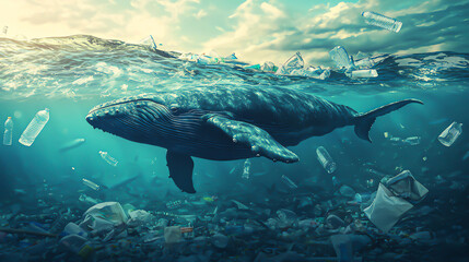 Fototapeta premium A whale swims through a polluted ocean, showcasing the impact of waste on marine life and the urgent need for environmental care.