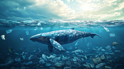 Fototapeta premium A somber scene of a whale swimming gracefully through polluted ocean waters filled with plastic debris.