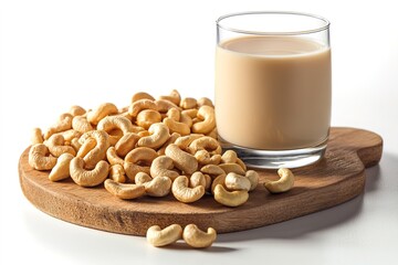 Cashew milk in glass with nuts on wooden board