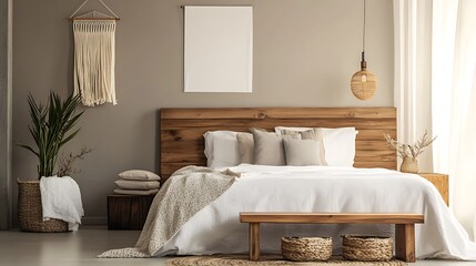 Elegant and Cozy Modern Bedroom Interior Design with Stylish Decor, mockup, poster and Background