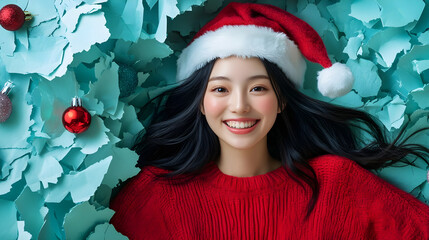 Happy Woman in Santa Hat with Christmas Ornaments on Blue Background