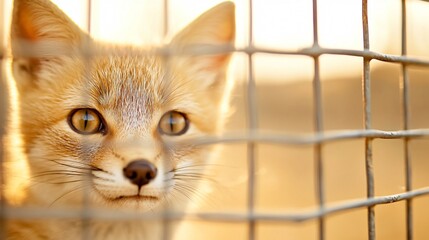 Fennec fox looking through a wire mesh fence at sunset in close-up