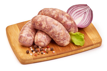 Raw pork Sausages, isolated on white background.