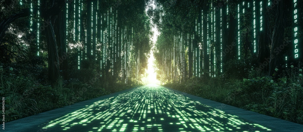 Poster a digital forest with glowing binary code leading to a bright light.