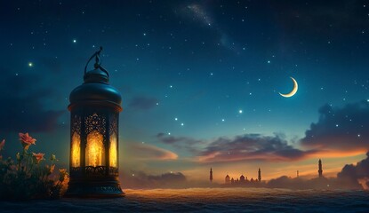 4ï¸âƒ£ Eid Mubarak and Ramadan Kareem greetings with an Islamic lantern, mosque, and Eid al-Fitr background with a night sky, moon, and stars. generative ai