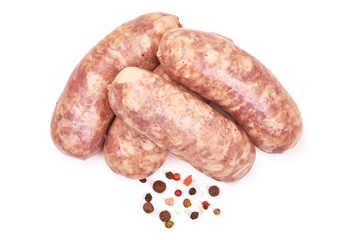 Raw pork Sausages, isolated on white background.