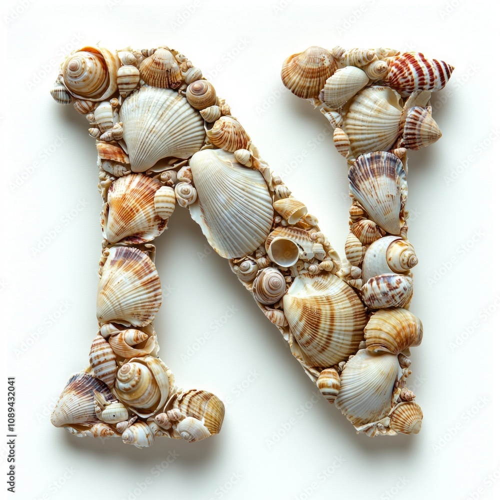 Poster letter n artistically composed assorted seashells displaying intricate patterns and shades positione