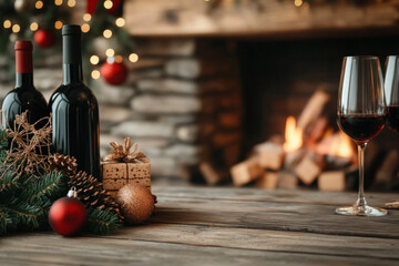 Inviting Wallpaper Showcasing A Cozy Fireplace With An Assortment Of Wine Bottles Displayed On A Rustic Wooden Shelf, Embellished With Christmas Ornaments And Greenery