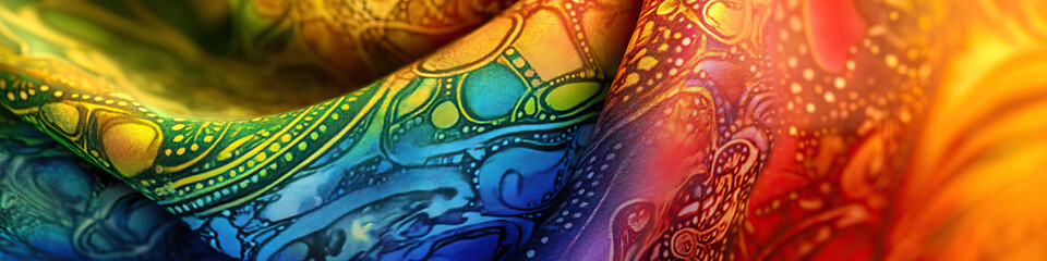 Rainbow Ripple: A vibrant cloth banner, billowing in the wind, with close-up shots of intricate designs.