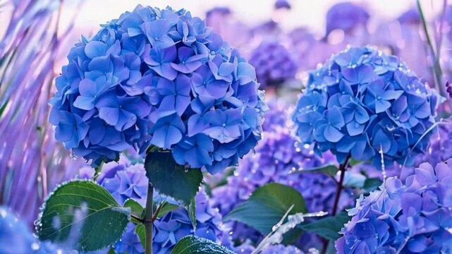Dew-kissed blue hydrangeas in a garden.