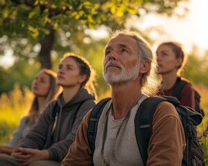 Fototapeta premium World COPD Day Mature Adults with Instructor Practicing Outdoor Breathing Exercises in Morning Light