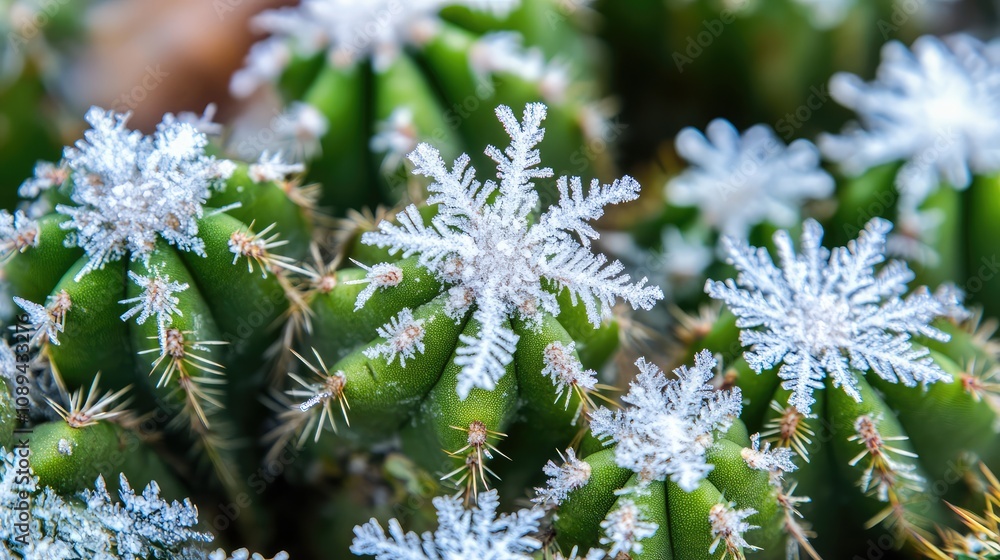 Poster close-up of snowflakes resting on the spines of desert cacti, creating a unique winter scene