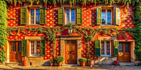 Fototapeta premium A Charming European Building with a Colorful Fa?ade Adorned with Vines, Green Shutters, and Ornate Doors