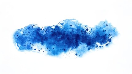 Blue watercolor splash with splatters on a white isolated background.