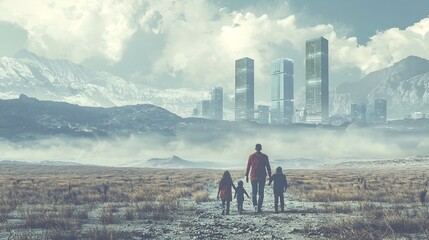 A conceptual image depicting a family walking together towards a towering futuristic city skyline in the distance