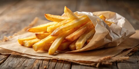 A Pile of Crispy French Fries Wrapped in Brown Paper on a Rustic Wooden Surface