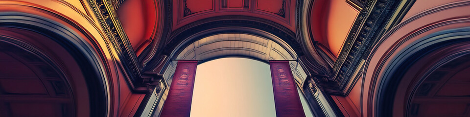 Obraz premium A decorative archway framed by two banners, one hanging above and one below, wide-angle view.