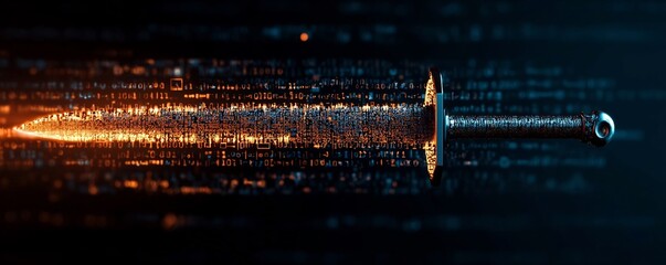 A digital sword piercing through a cyber attack icon representing the active neutralization of digital threats and the powerful defense against cybersecurity breaches