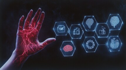 futuristic hand with glowing veins and digital interface elements