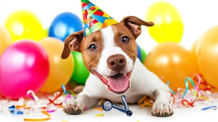 Celebration event with a happy dog home setting pet photography colorful environment close-up view joyful concept for pet lovers