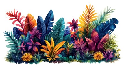 Vibrant tropical foliage in various colors, white isolate background.