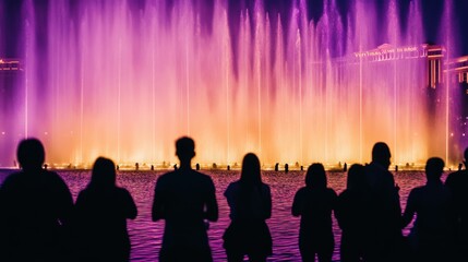 Fototapeta premium Enchanting Night: A Colorful Fountain Show Illuminating the Urban Landscape
