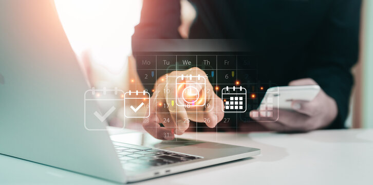 Business Planning Agenda Calendar: Work Schedule Concept, Entrepreneurs mark the virtual calendar, workflow plan, and Organize important dates and timetables. Workplace time management