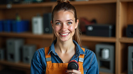 Smiling woman in workshop holding tape measure in bright orange apron