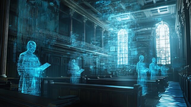 A dramatic and futuristic digital rendering depicting a courtroom where quantum algorithms serve as judges