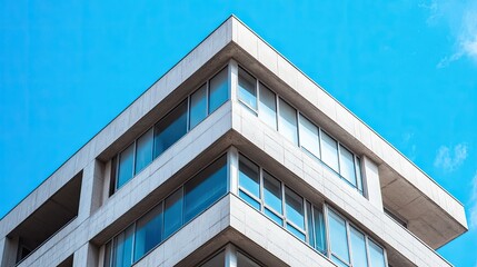 Geometric concrete building with smooth facade and bright blue sky, representing urban simplicity and elegance.