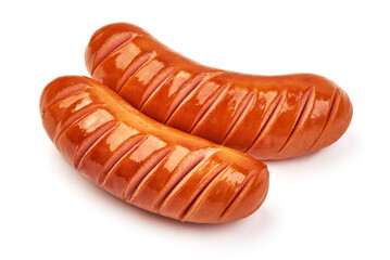 Fried pork sausages, isolated on white background.