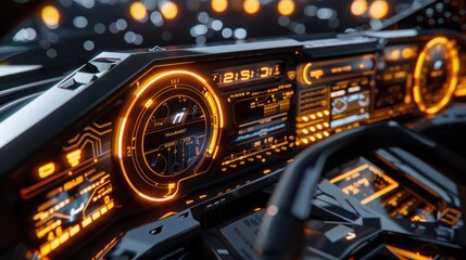 Futuristic vehicle dashboard with illuminated digital displays and controls.